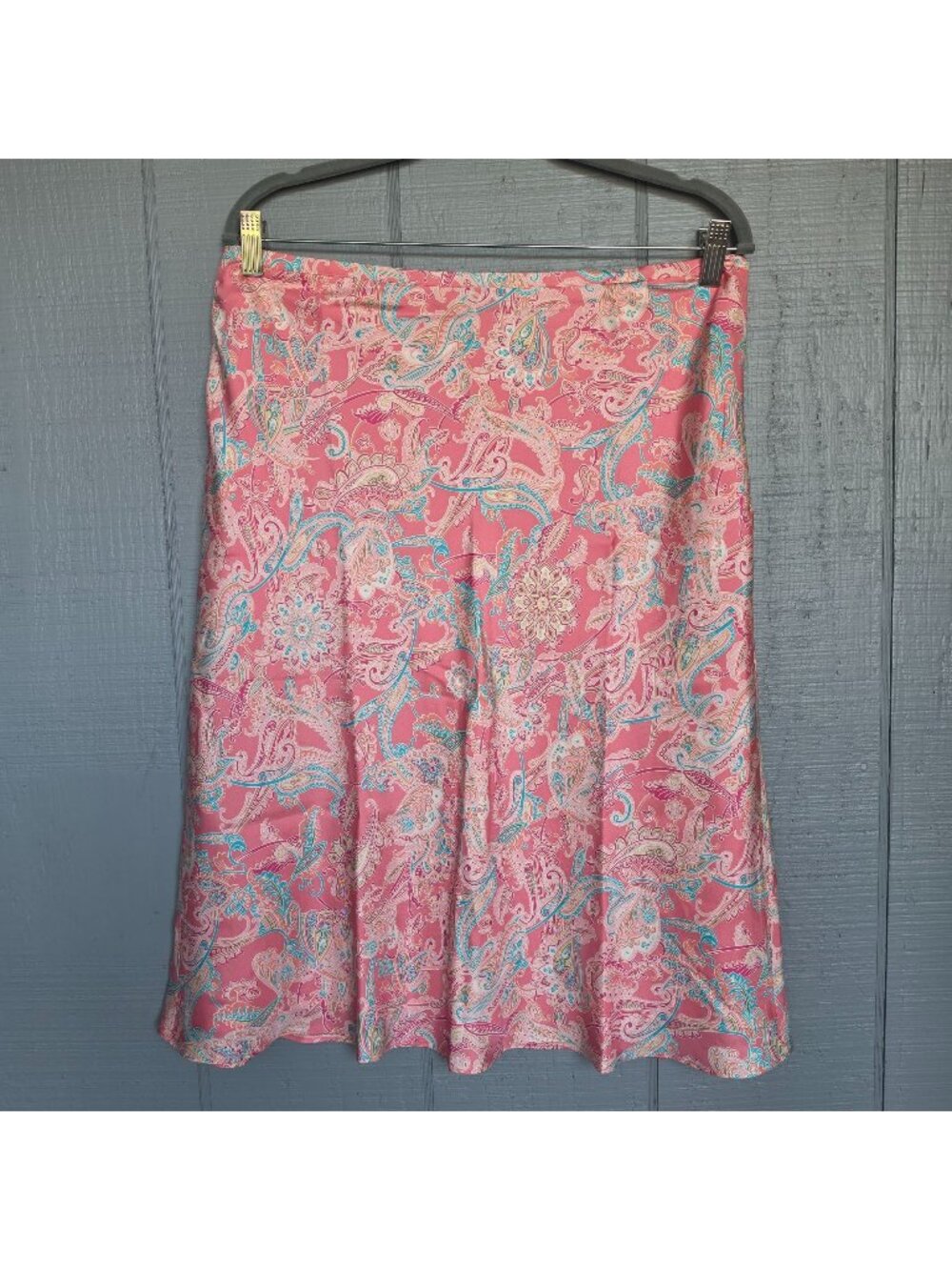 Ann Taylor Paisley Midi Skirt Pink Turquoise A-Line Boho Preppy Feminine Coastal